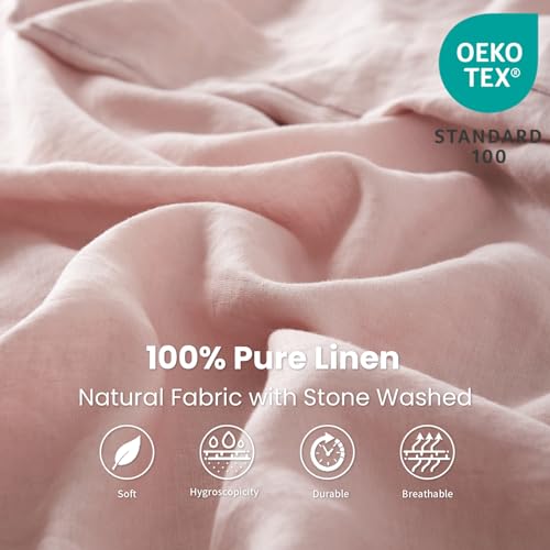 King Linens 100% Linen Fitted Sheet Stone Washed Solid Color - (1 Piece) 14 inch Deep Pocket Mattress Cover Soft Natural Breathable Farmhouse - Pink, Queen Size - Image 2
