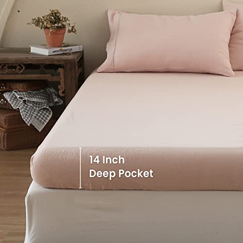 King Linens 100% Linen Fitted Sheet Stone Washed Solid Color - (1 Piece) 14 inch Deep Pocket Mattress Cover Soft Natural Breathable Farmhouse - Pink, Queen Size - Image 4