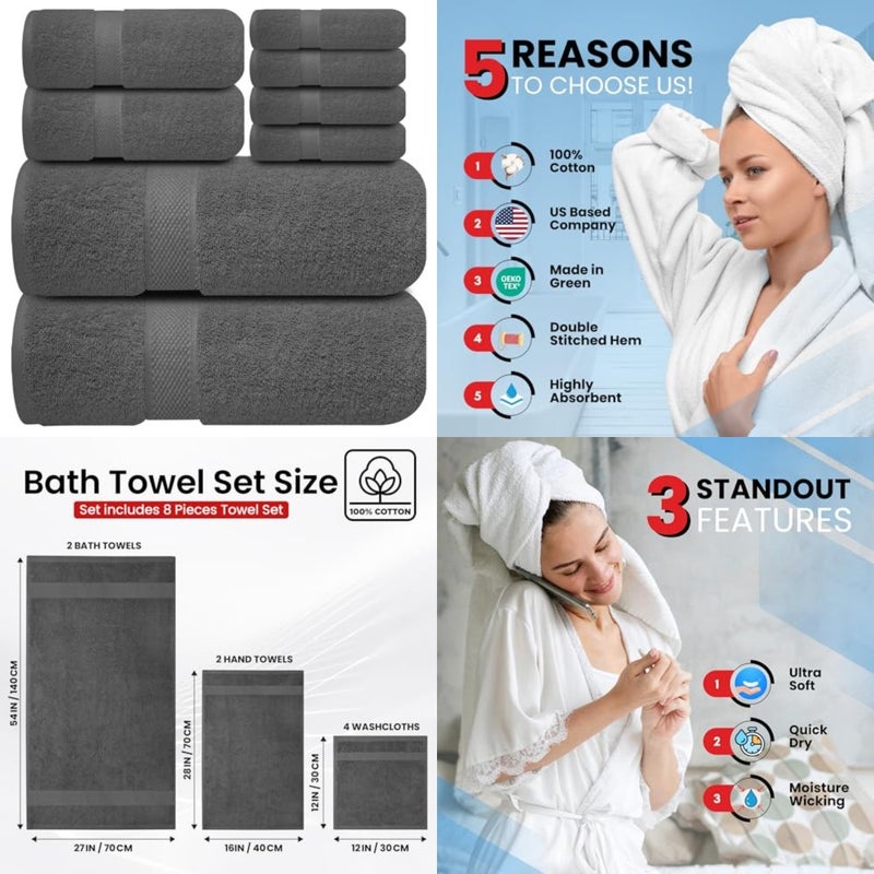 Premium Bath Towels Set - [Pack of 8] 100% Cotton Highly Absorbent 2 Bath Towels, 2 Hand Towels and 4 Washcloths - Hotel and Spa Quality Bath Towels for Bathroom Shadow (2 Bath Towels, 2 Hand Towels, 4 Washcloths) Soft and Absorbent Towels for Bathroom - Gym, Shower, Spa and Hotel Use - Image 1