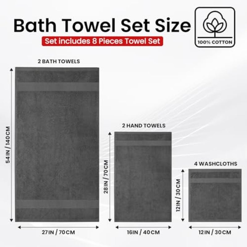 Premium Bath Towels Set - [Pack of 8] 100% Cotton Highly Absorbent 2 Bath Towels, 2 Hand Towels and 4 Washcloths - Hotel and Spa Quality Bath Towels for Bathroom Shadow (2 Bath Towels, 2 Hand Towels, 4 Washcloths) Soft and Absorbent Towels for Bathroom - Gym, Shower, Spa and Hotel Use - Image 4