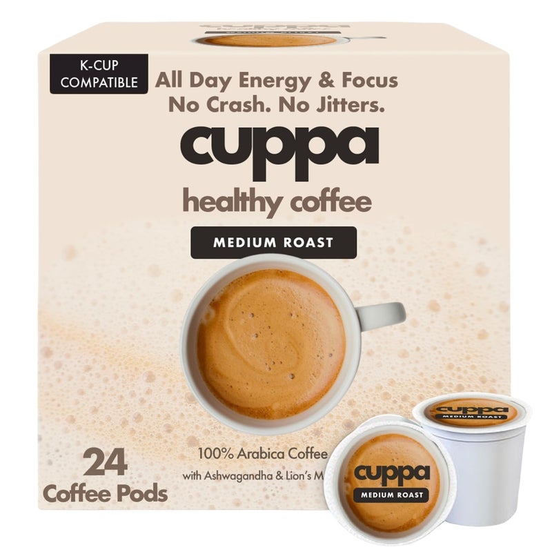Cuppa Healthy Mushroom Coffee Single Serve Pods (K-Cups) with Lion's Mane & Ashwagandha for All Day Energy & Focus - No Crash or Jitters - Nootropics for Brain Health, Gut Health, Immunity, Stress, Memory + Mood - 24 Servings - Image 1