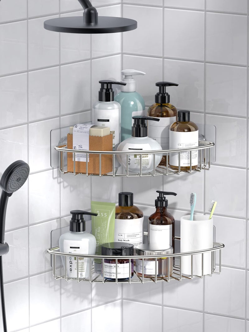 HEETA 2-Pack Corner Shower Caddy, Wall Mounted Storage Basket Shelve Adhesive, Bathroom Shelf Organiser for Shower Toilet Dorm Kitchen, SUS304 Stainless Steel No Drilling (Silver) - Image 3