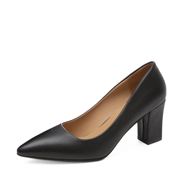 Women's Professional Formal Shoes Pointed Toe Low Heel Slip-On Chunky Heel Work Shoes Black Matte Leather, Sizes 41 & 42