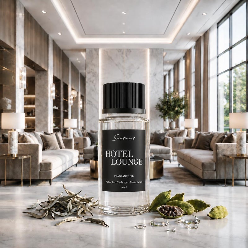 Scentiment Hotel Lounge Diffuser Oil - Premium Hotel Scent with Notes of White Tea, Cardamom & Marine Notes Home Scent, Hotel Fragrance Oil Diffuser Refill - 1.69 fl oz (50 mL) - Image 1