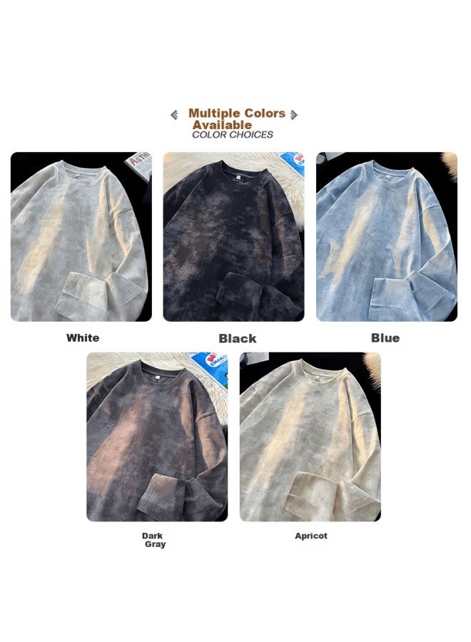Vuug American Style Tie-dye Long Sleeve Men's Pure Cotton Printed Distressed Autumn Design T-shirt XL White No Print - Image 3