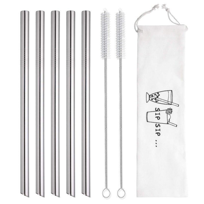 Hiware [Angled Tips] 5 Pcs 10" Reusable Bubble Tea Straws & Smoothie Straws, 0.5" Wide Stainless Steel Straws, Metal Straws for Bubble Tea/Tapioca Pearl, Milkshakes, Jumbo Drinks | 2 Cleaning Brushes - Image 3