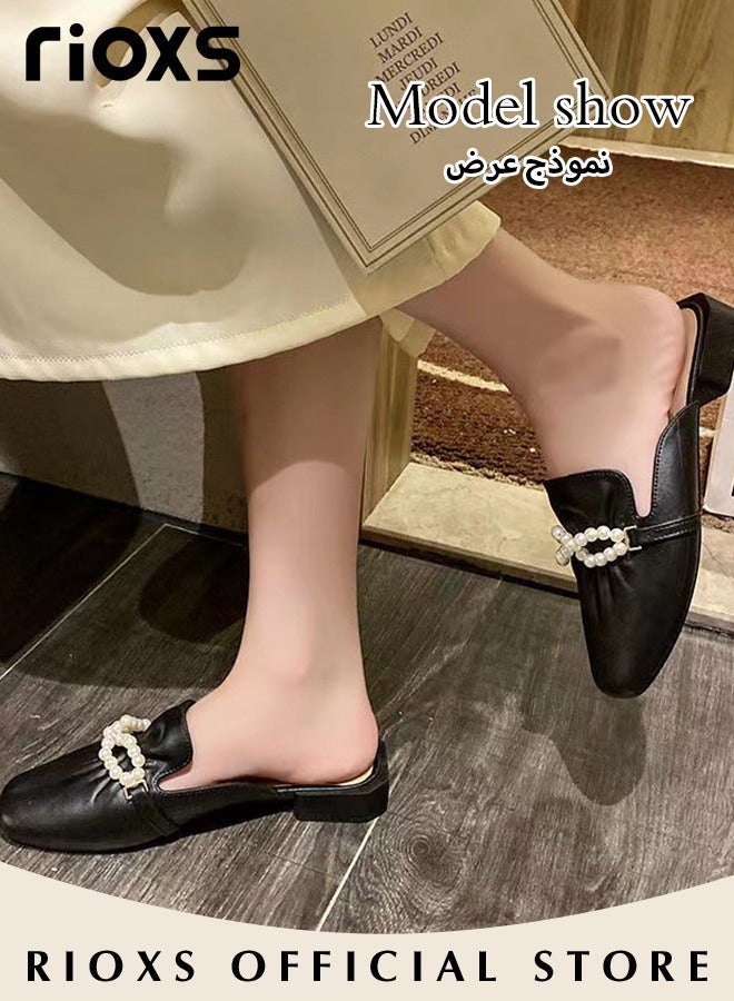 ريوكس صنادل نسائية مسطحة، صنادل نسائية مسطحة، صنادل مغلقة من الأمام ومريحة، أحذية مسطحة بدون كعب، أحذية بغل مسطحة نسائية بنعل مرن غير قابل للانزلاق، سهلة الارتداء والخلع  - Image 3