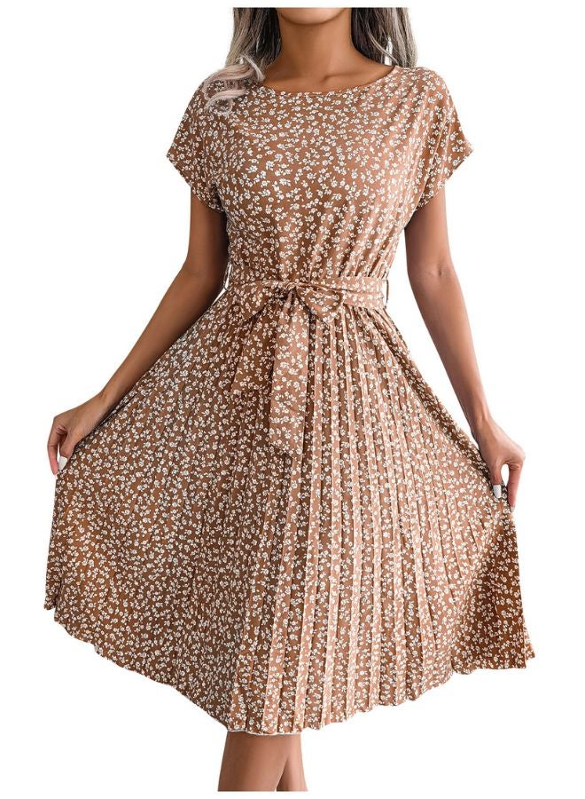 Tepveisoy Women's Summer Round Neck Casual Fashion Printed Pullover Dress Short-Sleeved Floral Pleated Skirt dress  - Image 1