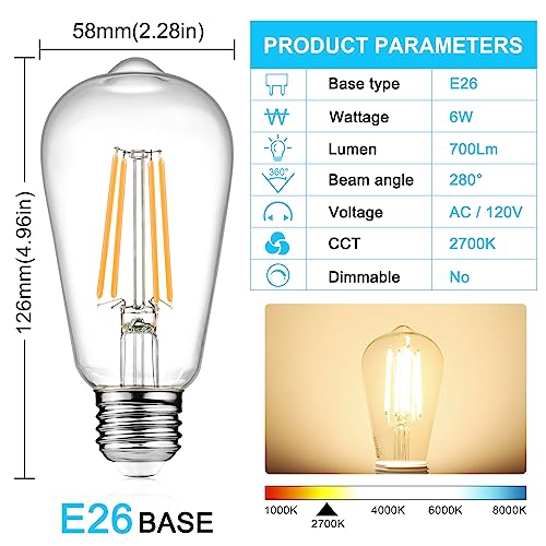 Ascher Vintage LED Edison Bulbs 6W, Equivalent 60W Incandescent, Non-Dimmable, Warm White 2700K, ST58 Antique LED Filament Bulbs with 80+ CRI, E26 Medium Base, Clear Glass, 6-Packs - Image 2