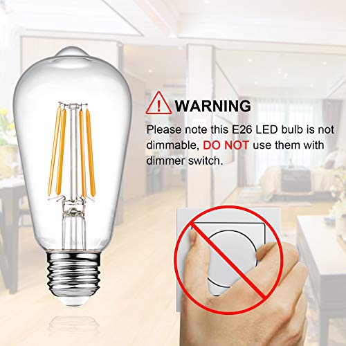 Ascher Vintage LED Edison Bulbs 6W, Equivalent 60W Incandescent, Non-Dimmable, Warm White 2700K, ST58 Antique LED Filament Bulbs with 80+ CRI, E26 Medium Base, Clear Glass, 6-Packs - Image 3
