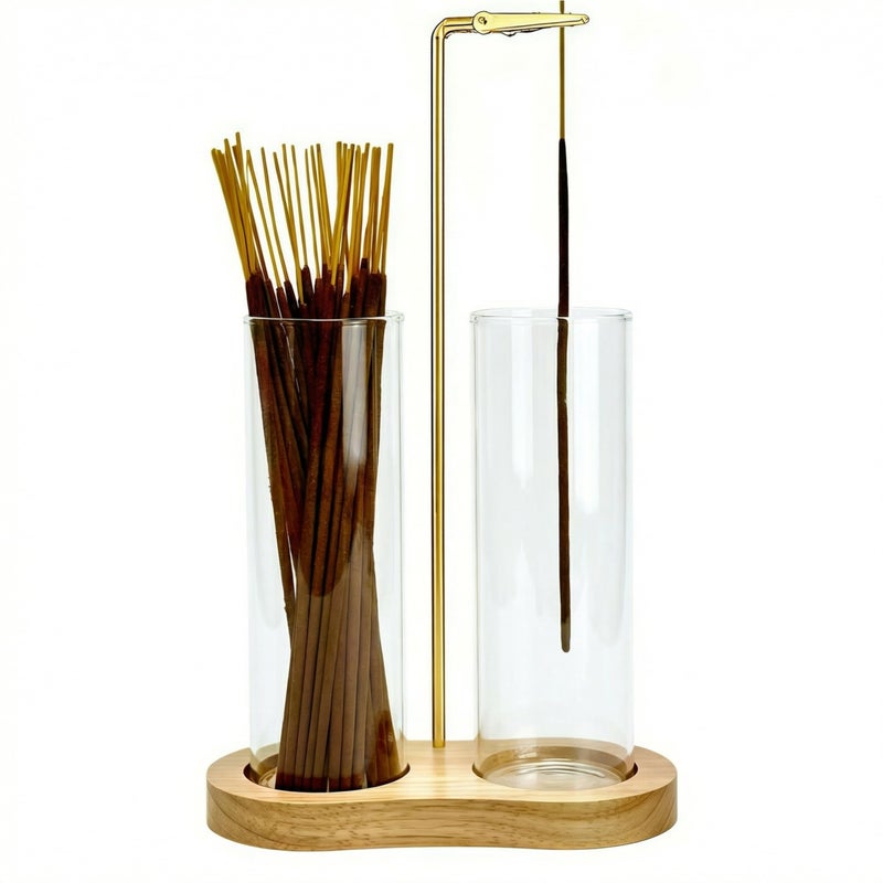 Moocervi Glass Incense Holder, Incense Sticks Burner Holder with Storage,Hang Upside Down Incense Holder for Sticks with Glass Ash Catcher for Meditation Yoga Spa Room Decor (Natural) - Image 1