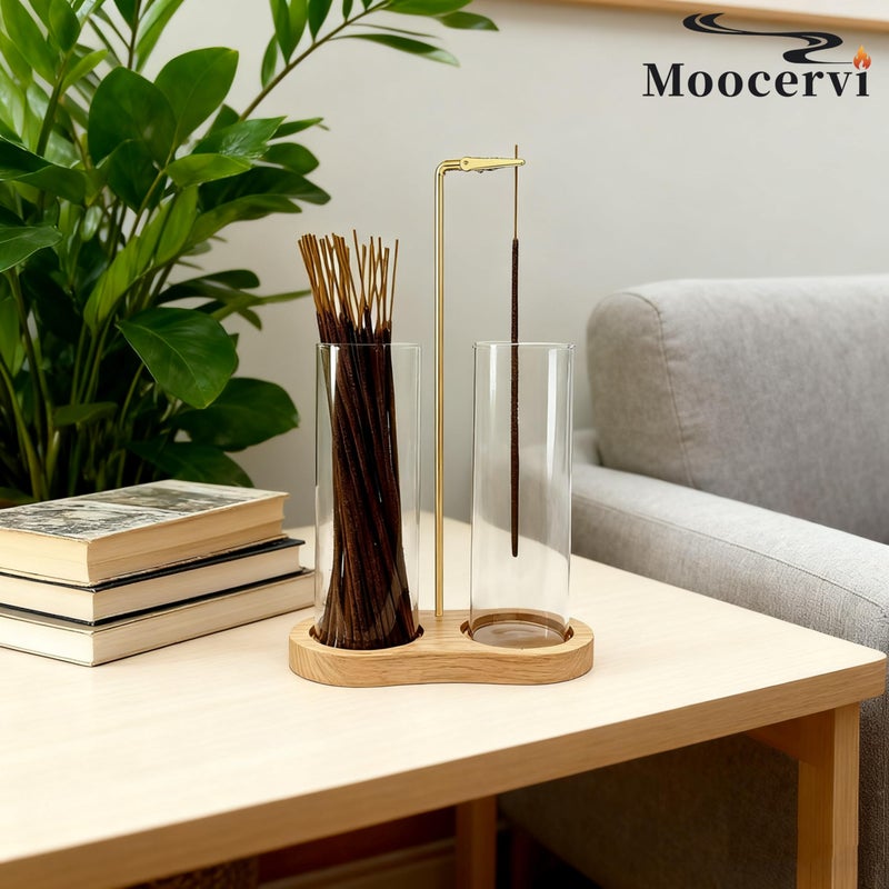 Moocervi Glass Incense Holder, Incense Sticks Burner Holder with Storage,Hang Upside Down Incense Holder for Sticks with Glass Ash Catcher for Meditation Yoga Spa Room Decor (Natural) - Image 3