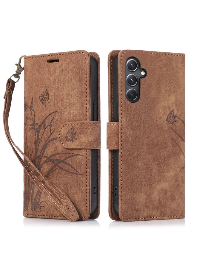 For Samsung Galaxy A34 5G Orchid Butterfly Embossed Leather Phone Case(Brown)