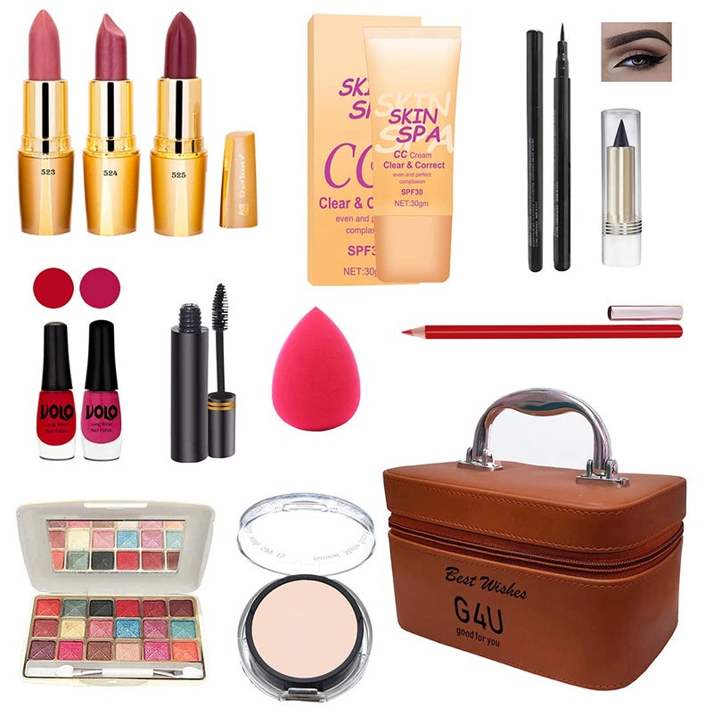 G4U G4U All in One Makeup Kit Gift SetEyeshadowEyeliner PenFoundation3 LipsticksKajalLip LinerPuffMascara2nail PolishCompactPerfect for Party Wedding makeup With Makeup BoxSet Of 14Pcs ST 17 - Image 1