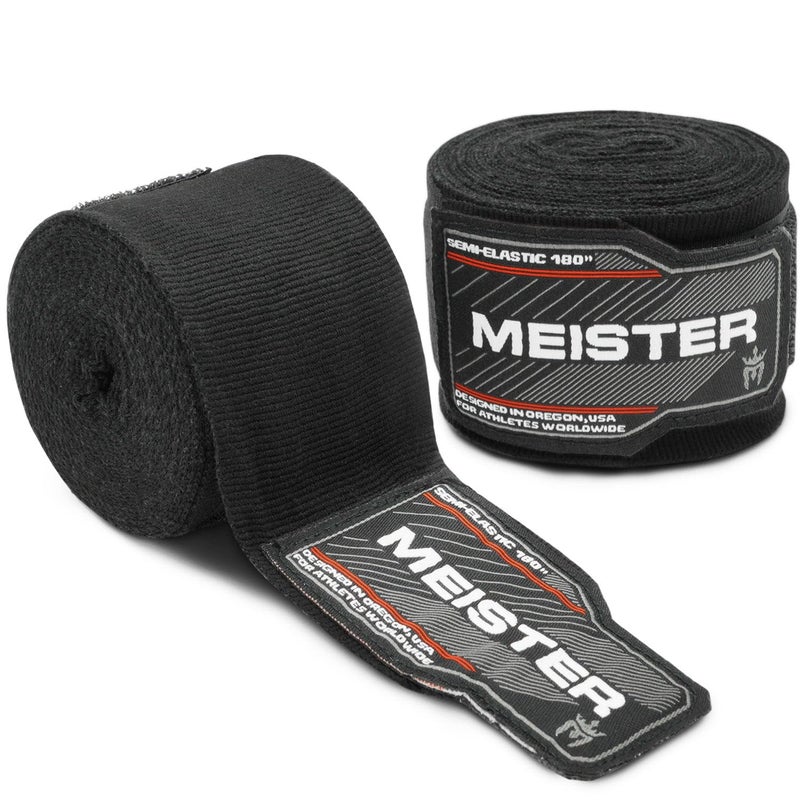Meister MMA Adult 180" Semi-Elastic Hand Wraps for MMA & Boxing (Pair) - Black - Image 1