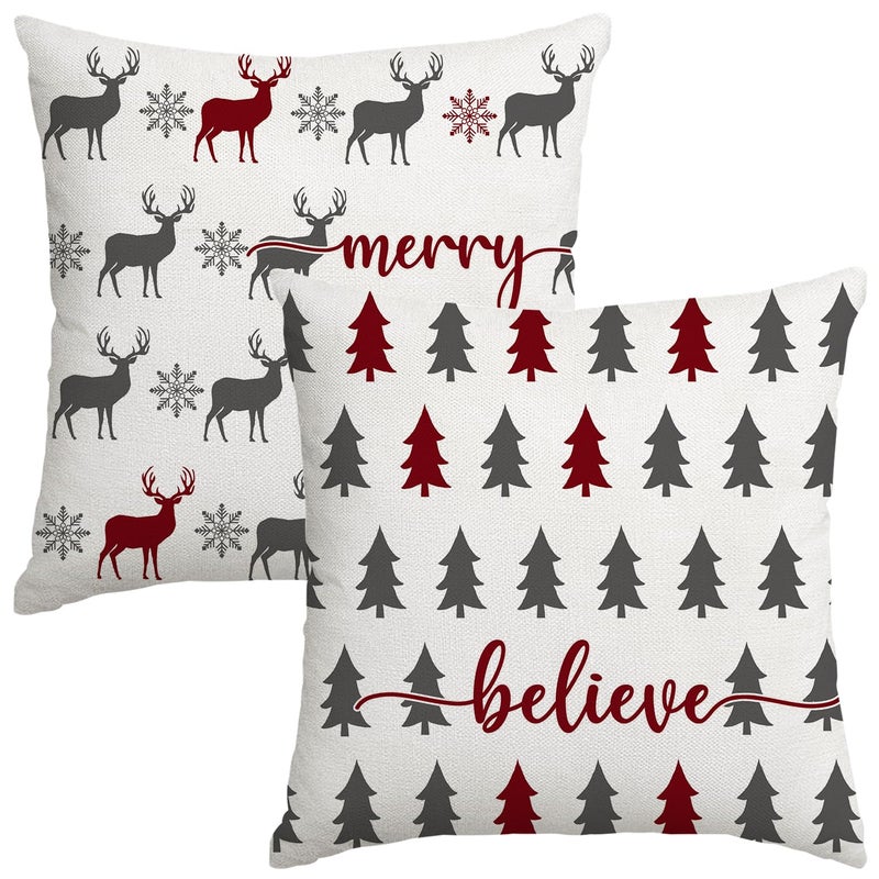 Artmag Christmas Pillow Covers 18x18 inch Set of 2 Farmhouse Xmas Trees Moose Believe Throw Pillow Covers Cushion Case Holiday Winter Decoration for Couch Sofa Red - Image 2