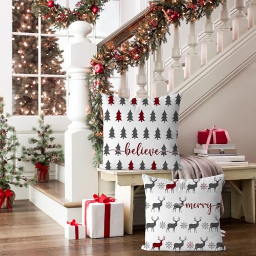 Artmag Christmas Pillow Covers 18x18 inch Set of 2 Farmhouse Xmas Trees Moose Believe Throw Pillow Covers Cushion Case Holiday Winter Decoration for Couch Sofa Red - Image 3