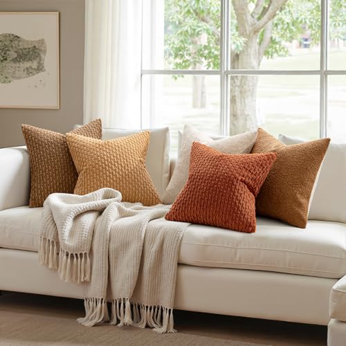 MIULEE Throw Pillow Covers Soft Corduroy Decorative Set of 2 Boho Striped Pillow Covers Pillowcases Farmhouse Home Decor for Couch Bed Sofa Living Room Rust 18x18 Inch - Image 3