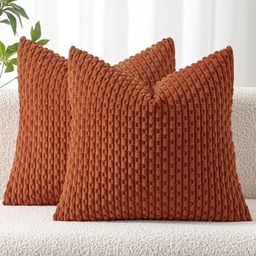 MIULEE Throw Pillow Covers Soft Corduroy Decorative Set of 2 Boho Striped Pillow Covers Pillowcases Farmhouse Home Decor for Couch Bed Sofa Living Room Rust 18x18 Inch - Image 1