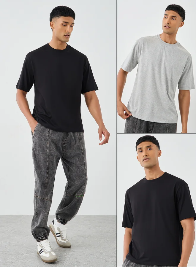 ستايلي Styli Pack of 2 - Cotton Rich Oversized Crew Neck T-Shirt