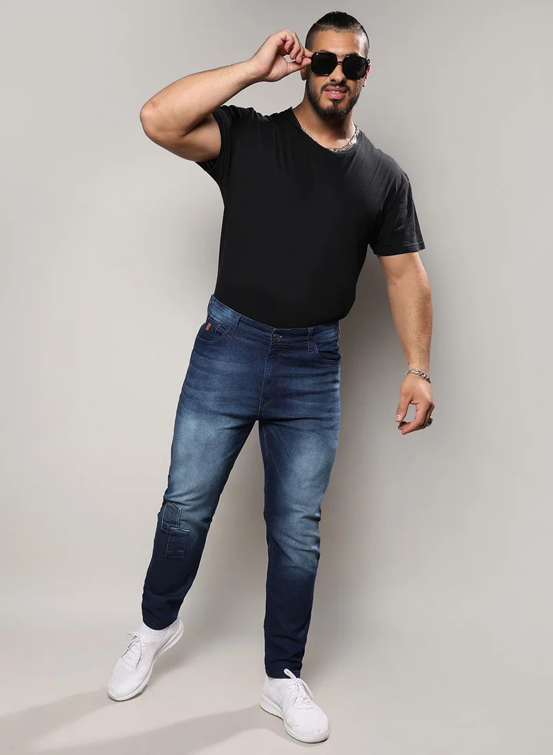 Instafab Plus  Instafab Plus Men's Dark Blue Embroidered Patched Denim Jeans For Casual Wear | Dark-Wash | 5 Pockets | Button Closure | Denim Jeans Crafted With Comfort Fit For Everyday Wear for Men | Best Price UAE