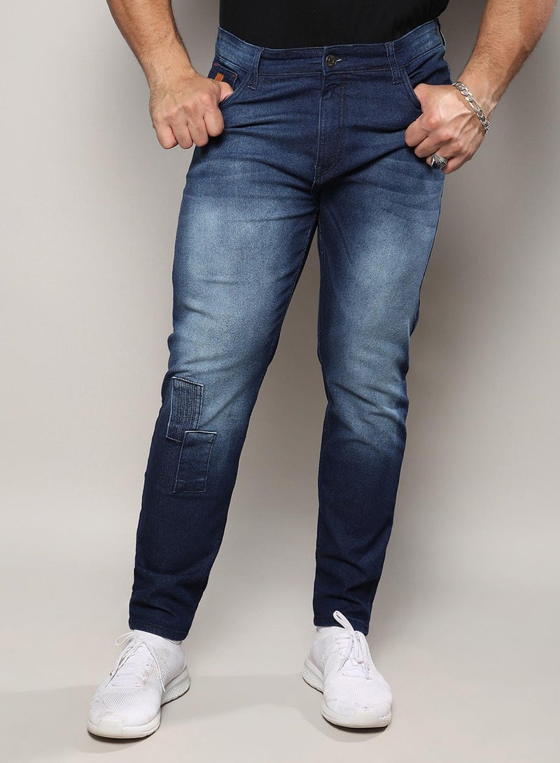 Instafab Plus Men's Dark Blue Embroidered Patched Denim Jeans For Casual Wear | Dark-Wash | 5 Pockets | Button Closure | Denim Jeans Crafted With Comfort Fit For Everyday Wear - Image 1