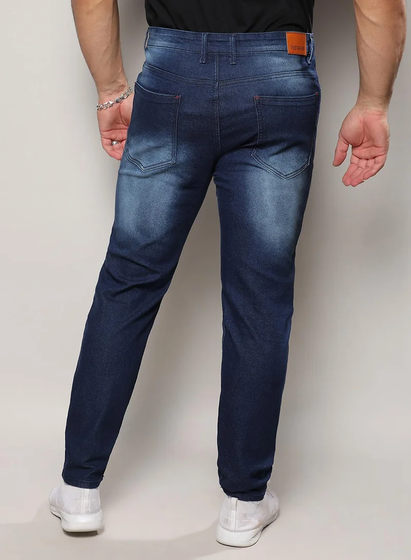 Instafab Plus  Instafab Plus Men's Dark Blue Embroidered Patched Denim Jeans For Casual Wear | Dark-Wash | 5 Pockets | Button Closure | Denim Jeans Crafted With Comfort Fit For Everyday Wear for Men | Best Price UAE
