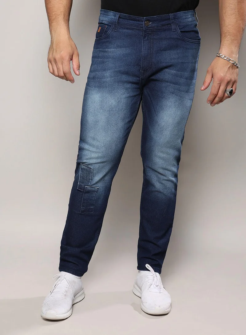 Instafab Plus Instafab Plus Men's Dark Blue Embroidered Patched Denim Jeans For Casual Wear | Dark-Wash | 5 Pockets | Button Closure | Denim Jeans Crafted With Comfort Fit For Everyday Wear