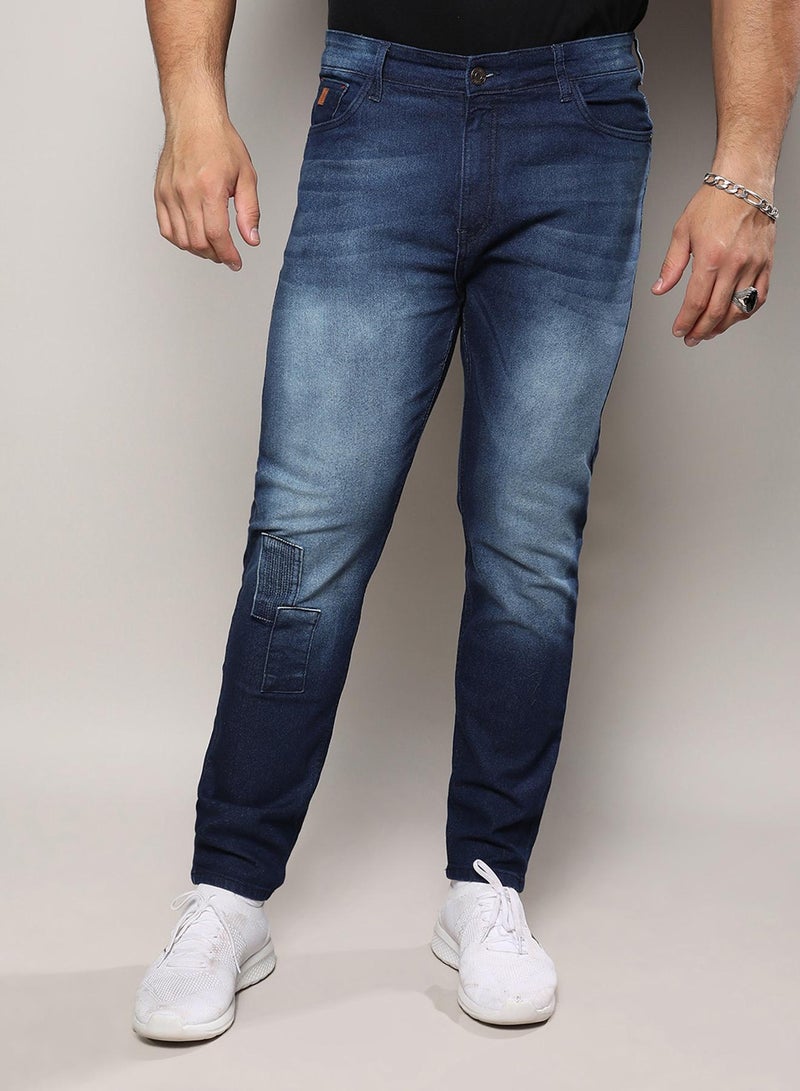 Instafab Plus Men's Dark Blue Embroidered Patched Denim Jeans For Casual Wear | Dark-Wash | 5 Pockets | Button Closure | Denim Jeans Crafted With Comfort Fit For Everyday Wear - Image 2