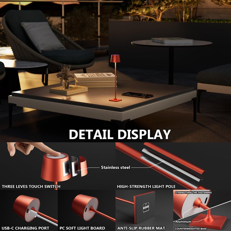 Timjorman Compact Cordless Table Lamp, Rechargeable LED Night Light, Dual Light Source (RGB Top & Warm Bottom), Touch Control & Timer, Metal Lamp for Bedroom & Kids Room (Red 1-Pack) - Image 3