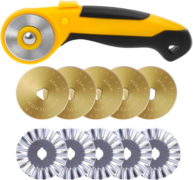 AUTOTOOLHOME 45mm Rotary Cutter Automatic Fabric Cutter 5pcs Titanium Replacement Blades 5pcs Pinking Rotary Blades with Safety Lock for Quilting, Sewing, Crafts - Image 1