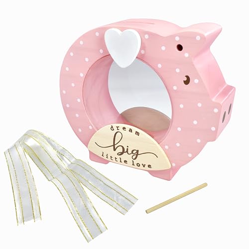 I'm I’m Solid Wood Piggy Bank Coin Bank Savings Money Bank, Adorable Gifts for Baby Girl Birthday Girls Kids Child to Cherish Baby Shower, Keepsakes & Nursery Décor “Dream Big Little Love” (Dot Pink) - Image 3
