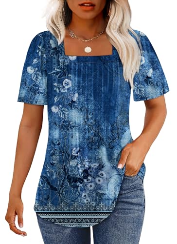 OFEEFAN Plus Size Spring Clothes for Women Fashion Clothing Blouses Dressy Casual Plus Short Sleeve Summer Tops 2025 Outfits Beach Vacation Trendy Pleated T Shirts Floral Navy XXL - Image 1