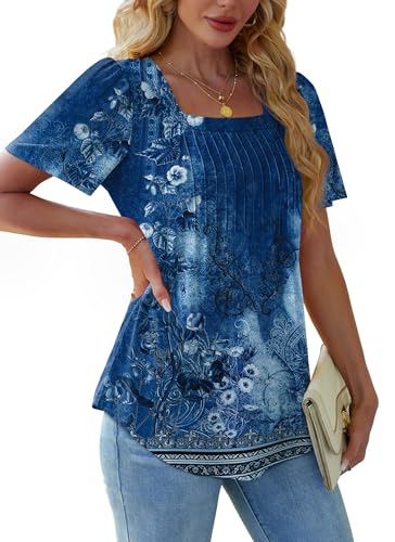 OFEEFAN Plus Size Spring Clothes for Women Fashion Clothing Blouses Dressy Casual Plus Short Sleeve Summer Tops 2025 Outfits Beach Vacation Trendy Pleated T Shirts Floral Navy XXL - Image 4