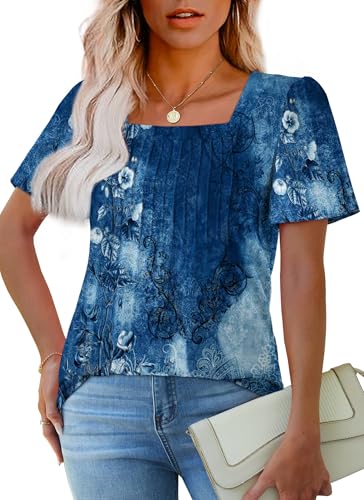 OFEEFAN Plus Size Spring Clothes for Women Fashion Clothing Blouses Dressy Casual Plus Short Sleeve Summer Tops 2025 Outfits Beach Vacation Trendy Pleated T Shirts Floral Navy XXL - Image 2