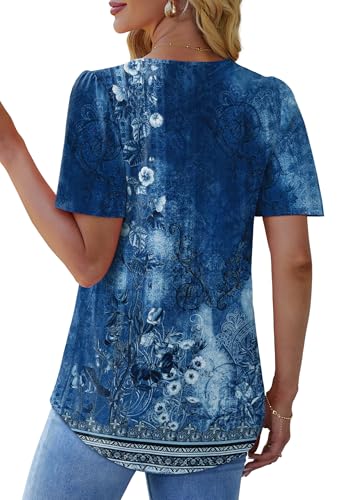 OFEEFAN Plus Size Spring Clothes for Women Fashion Clothing Blouses Dressy Casual Plus Short Sleeve Summer Tops 2025 Outfits Beach Vacation Trendy Pleated T Shirts Floral Navy XXL - Image 5