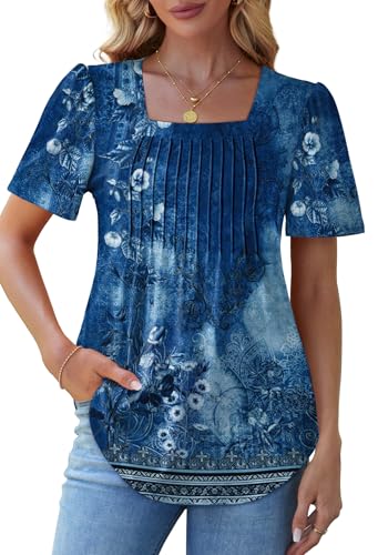 OFEEFAN Plus Size Spring Clothes for Women Fashion Clothing Blouses Dressy Casual Plus Short Sleeve Summer Tops 2025 Outfits Beach Vacation Trendy Pleated T Shirts Floral Navy XXL - Image 3
