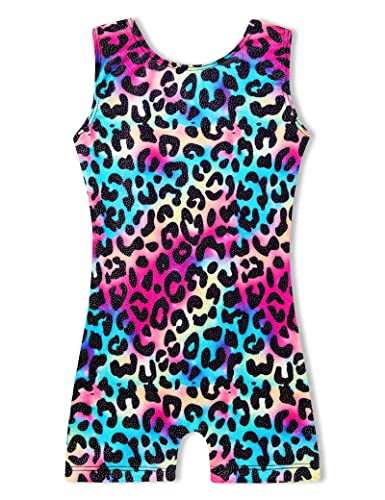 Domusgo Leotard for Girls Gymnastics Size 2t 3t Sparkly Colorful Leopard Sleeveless Biketard with Shorts - Image 1