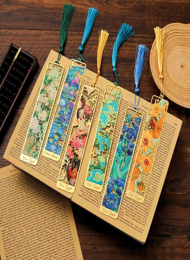 IcosaMro Large Bookmark for Women 6 Pieces 6" Van Gogh Monet Oil Painting Floral Cute Book Marks for Reading Women Hollow Metal Bookmarks Gifts for Book Lovers Book Mark for Men - Image 1