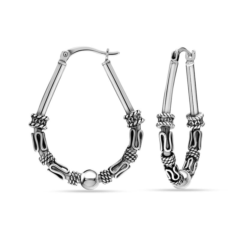 LeCalla 925 Sterling Silver Hoop Earrings for Women | Antique Vintage Balinese Art Inspired Boho Tribal Hoop Earring | Women's Drop Shape Oval Hoop Earring 32MM - Image 1