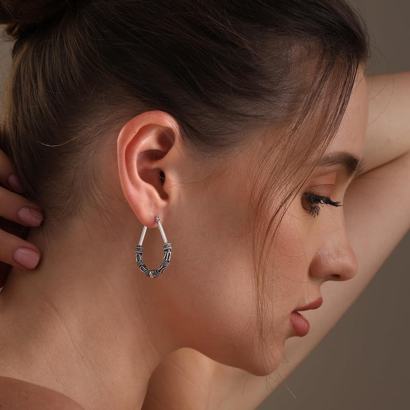 LeCalla 925 Sterling Silver Hoop Earrings for Women | Antique Vintage Balinese Art Inspired Boho Tribal Hoop Earring | Women's Drop Shape Oval Hoop Earring 32MM - Image 2