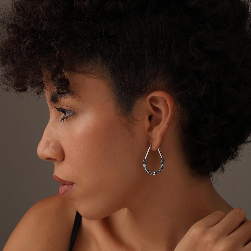 LeCalla 925 Sterling Silver Hoop Earrings for Women | Antique Vintage Balinese Art Inspired Boho Tribal Hoop Earring | Women's Drop Shape Oval Hoop Earring 32MM - Image 3