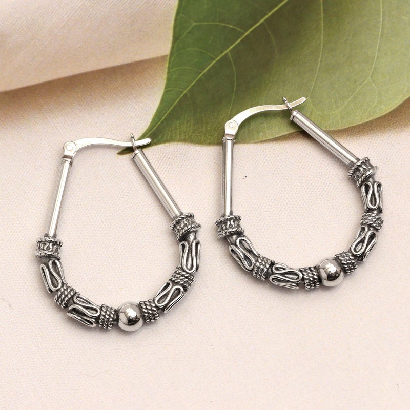LeCalla 925 Sterling Silver Hoop Earrings for Women | Antique Vintage Balinese Art Inspired Boho Tribal Hoop Earring | Women's Drop Shape Oval Hoop Earring 32MM - Image 5