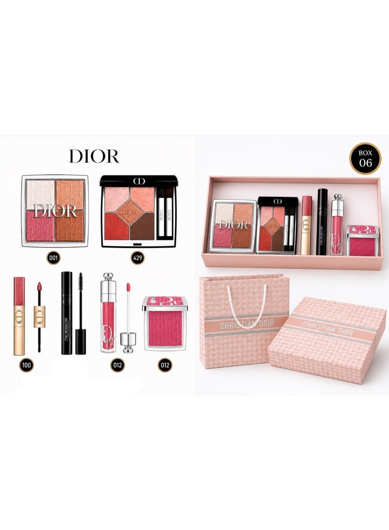 Dior Gift Box with Bag Dior 5-Color Eyeshadow Palette – Shade 429 Dior 4-Color Highlighter Palette – Shade 001 Dior Lip Gloss – Shade 012 Dior Blush – Shade 012 Dior Lipstick + Lip Gloss – Shade 100 Dior Mascara