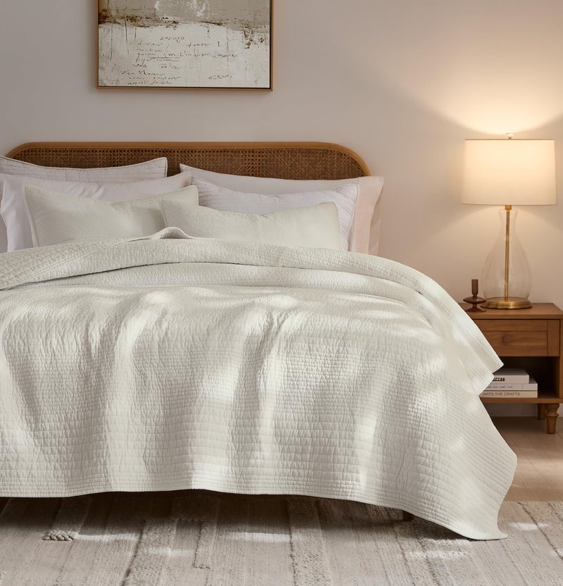 palassio Striped Beige 100% Cotton Quilt California Cal King Size Bedding Sets, Oversized Lightweight Channel Pick Stitch Textured Bedspread Soft Farmhouse Country Coverlet for All Season, 2 Shams - Image 1