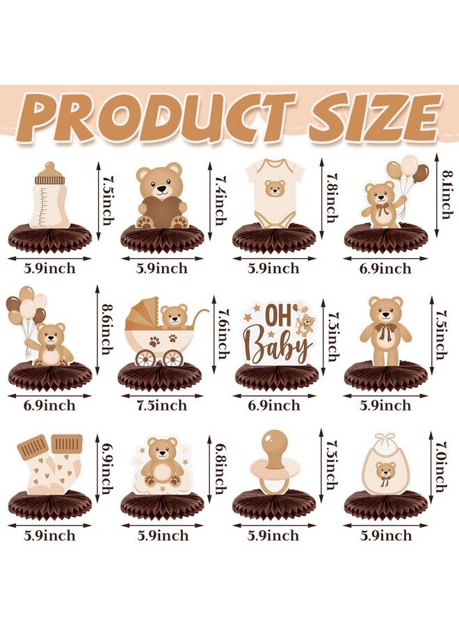 Bencailor - 12 Pcs Neutral Cream Bear Baby Shower Honeycomb Centerpieces Bear Table Decorations Bear Baby Shower Decorations Baby Shower Table Centerpieces Table Toppers For Birthday Party (Brown) - Image 1