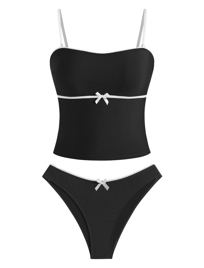 ZAFUL Tankini Swimsuits for Women Bow Tie Side Bathing Suits Tummy Control High Cut Two Piece Bikini Sets (1-Black, S) - Image 1