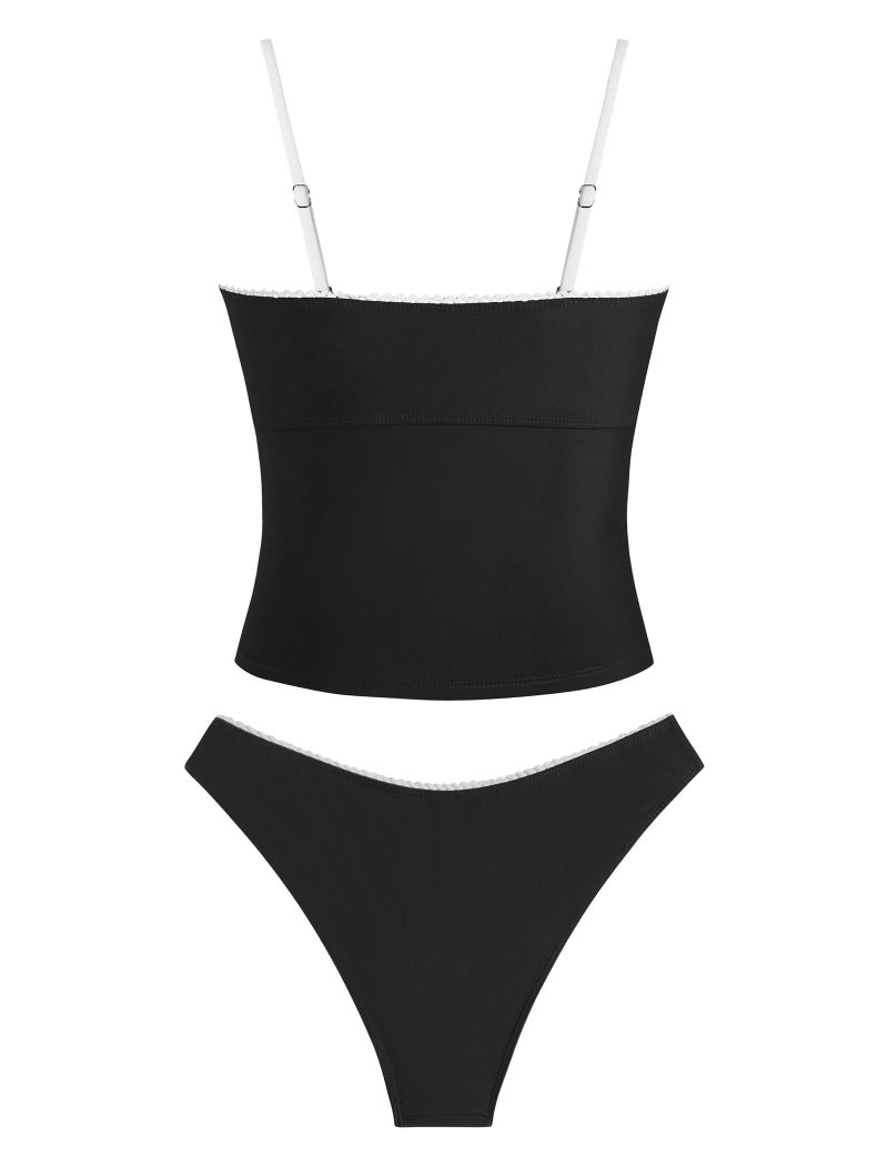 ZAFUL Tankini Swimsuits for Women Bow Tie Side Bathing Suits Tummy Control High Cut Two Piece Bikini Sets (1-Black, S) - Image 2