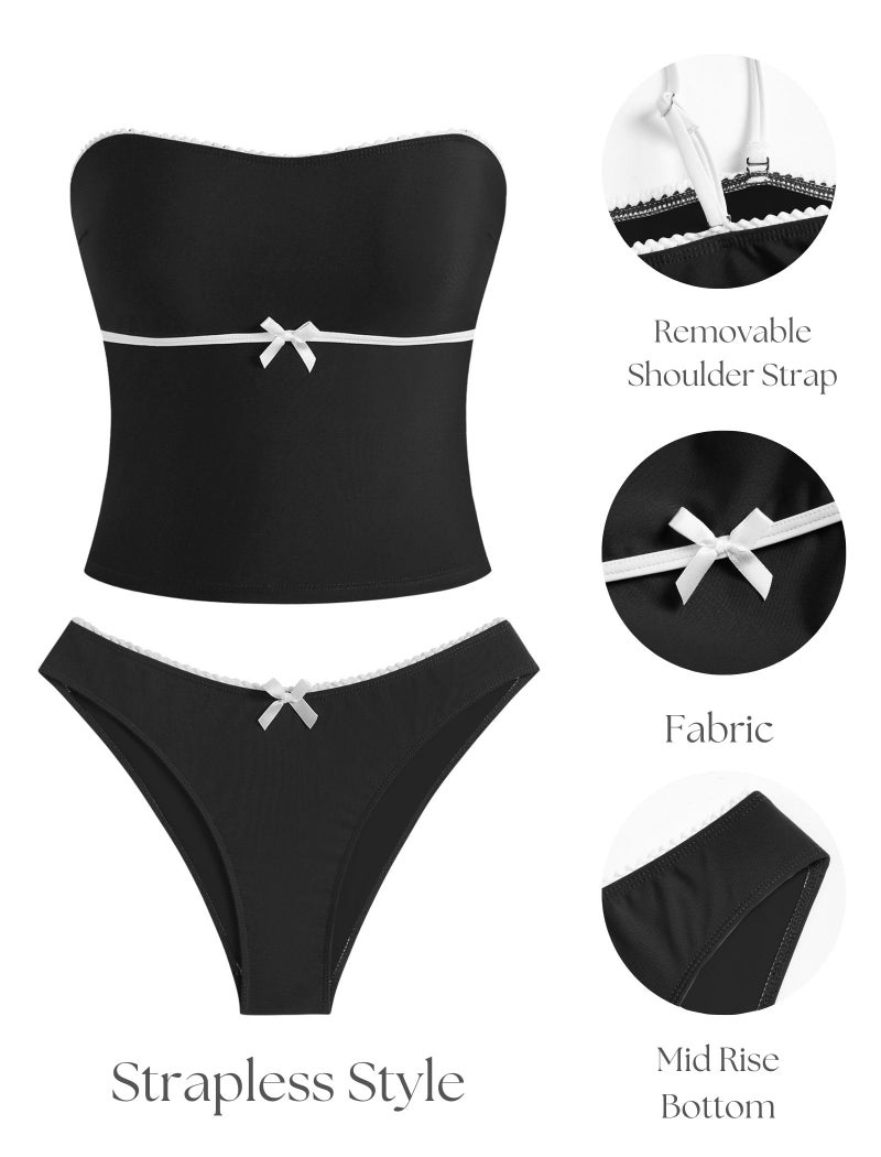 ZAFUL Tankini Swimsuits for Women Bow Tie Side Bathing Suits Tummy Control High Cut Two Piece Bikini Sets (1-Black, S) - Image 3