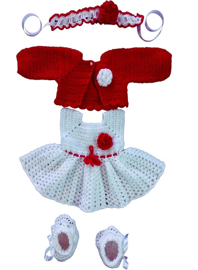 DORCHIS Baby Girl Dress Set for 6-12 Months - Woolen Frock with Shrug Headband and Shoes Combo, White Red, Handmade with Crochet - Image 1